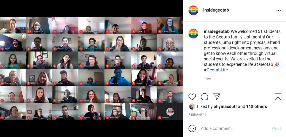 inside geotab instagram photo of Geotabbers in zoom meeting